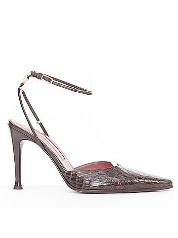 Sergio Rossi Sergio Rossi Brown Croc Embossed Leather Ankle Strap Pumps (view 1)