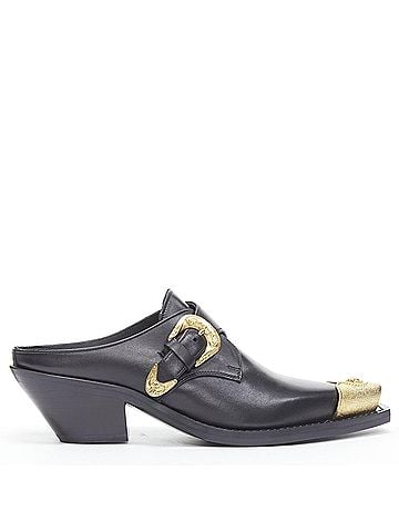 Versace VERSACE 2019 black leather gold Medusa toe western buckle cuban mule EU37 (view 1)