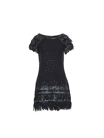 Diane von Furstenberg DIANE VON FURSTENBERG black wool iridescent sequin feather hem mini dress S (view 1)