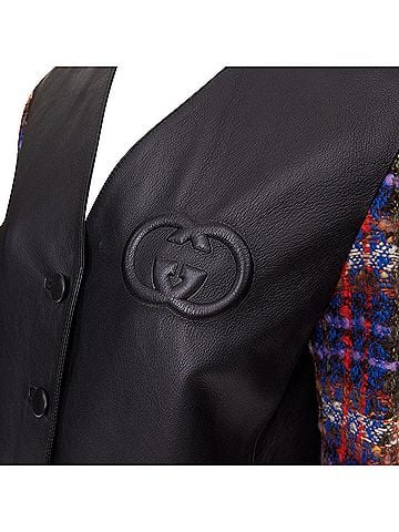 Gucci Gucci Interlocking G Patch leather plaid sleeve jacket (view 2)