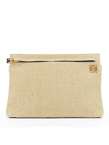 Loewe Loewe T Pouch beige linen canvas gold anagram slot clutch bag (view 1)