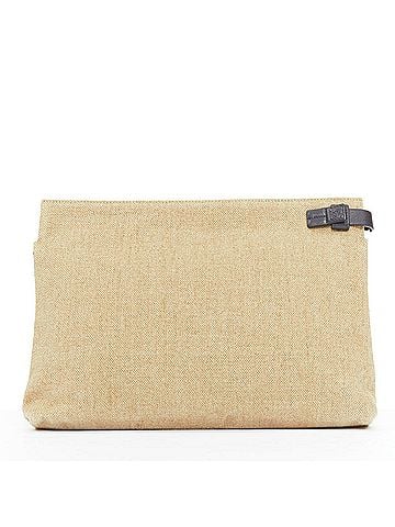 Loewe Loewe T Pouch beige linen canvas gold anagram slot clutch bag (view 2)