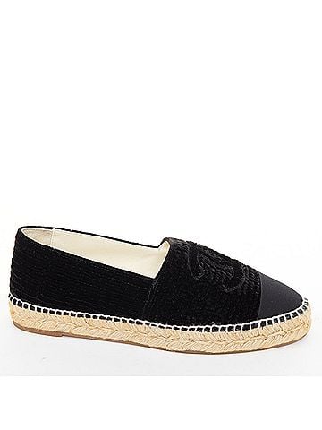 Chanel CHANEL black velvet grosgrain CC logo cap toe slip on flat espadrilles EU39 (view 1)