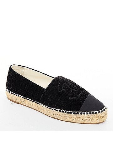 Chanel CHANEL black velvet grosgrain CC logo cap toe slip on flat espadrilles EU39 (view 2)