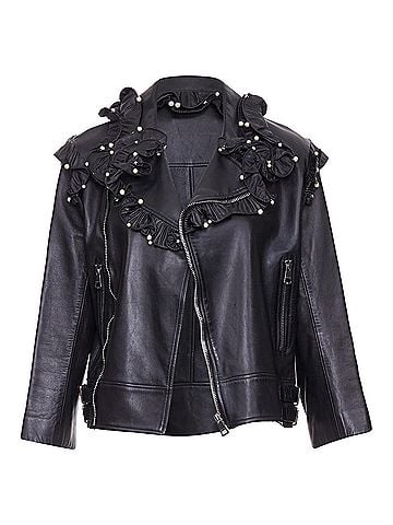 Gucci Gucci black lambskin leather faux pearl ruffle collar jacket (view 1)