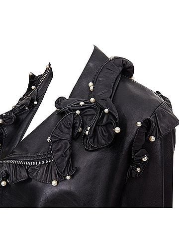 Gucci Gucci black lambskin leather faux pearl ruffle collar jacket (view 2)