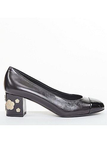 Chanel CHANEL 2021 black leather patent cap toe gold camellia block heel pumps EU39C (view 1)