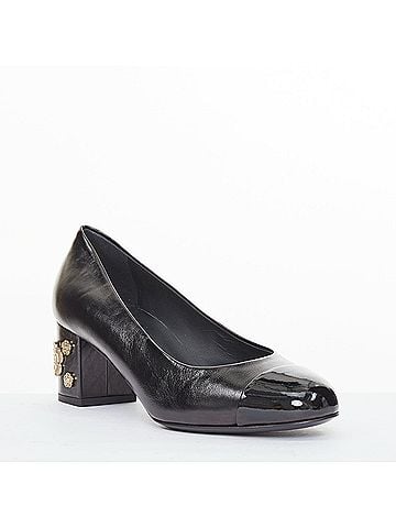 Chanel CHANEL 2021 black leather patent cap toe gold camellia block heel pumps EU39C (view 2)