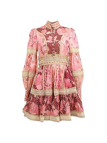 Zimmermann Zimmermann Concert Embellished Floral-Print Dress in Pink Linen (view 1)