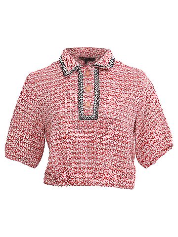 Maje Maje Tweed Polo Cropped Top in Red Cotton (view 1)