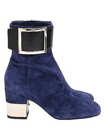 Roger Vivier Roger Vivier So Vivier Buckled Ankle Boots in Navy Blue Suede (view 1)
