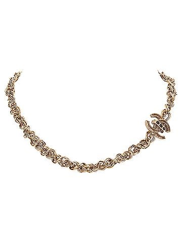 Chanel Chanel aged gold braided link black crystal CC short necklace (view 1)