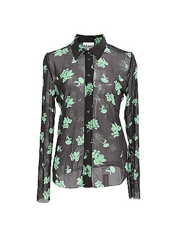 Ganni Ganni Printed Button-Down Mesh Shirt in Black Polyamide (view 1)