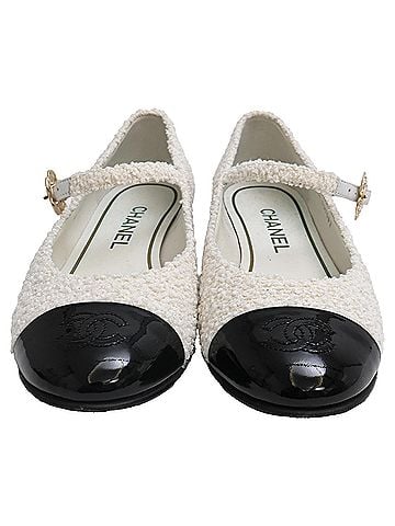 Chanel Chanel CC Tweed Mary Jane Ballet Flats in White Cotton (view 2)