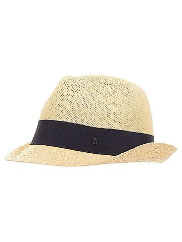 Chanel Chanel raffia curled brim navy ribbon CC logo hat (view 1)