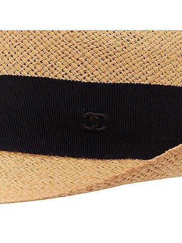 Chanel Chanel raffia curled brim navy ribbon CC logo hat (view 2)