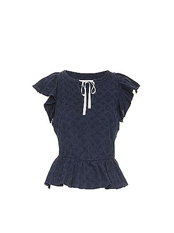 Louis Vuitton LOUIS VUITTON black monogram denim ruffle keyhole cap sleeve peplum blouse S (view 1)