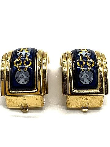 Hermès Hermes Enamel Earrings, H Motif, Cloisonné Enamel, Gold/Navy (view 1)