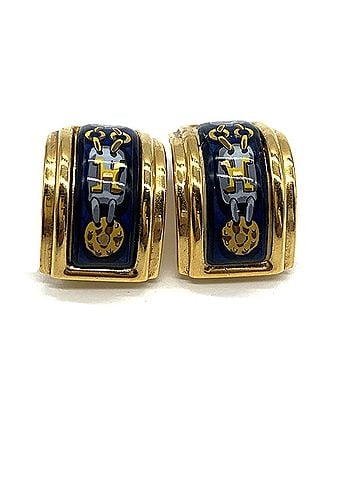 Hermès Hermes Enamel Earrings, H Motif, Cloisonné Enamel, Gold/Navy (view 2)
