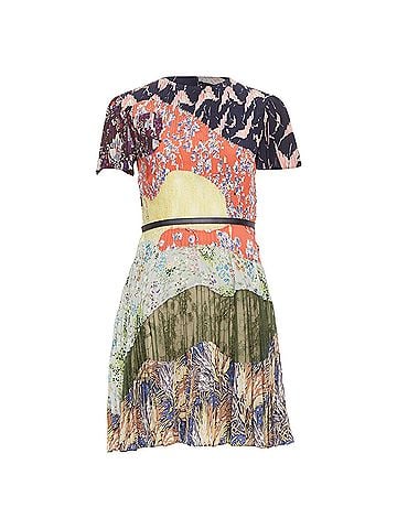 Mario Valentino VALENTINO multicolor graphic print leather trim pleated lace insert dress IT40 S (view 1)