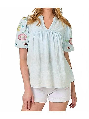 Mystree Skye Short Sleeve Top in Washed Blue (view 2)