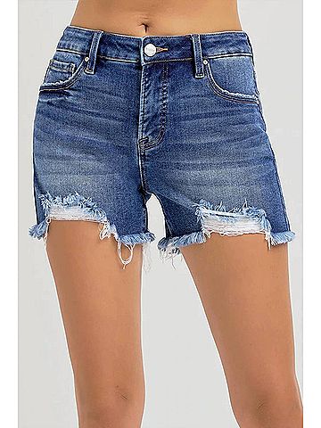 Risen Rachel Distressed Mid Rise Jean Shorts in Dark Blue (view 2)