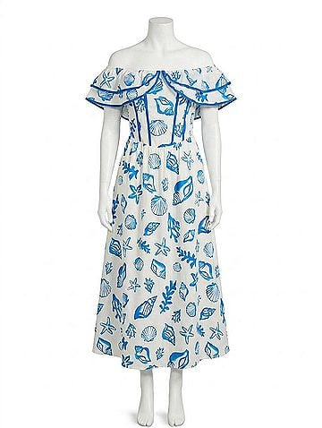 Le Lis Shelly Off Shoulder Midi Dress in White/ Blue (view 1)