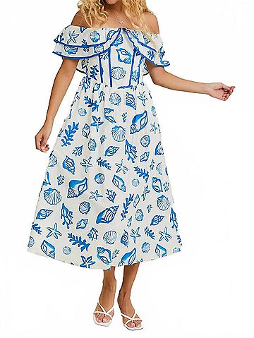 Le Lis Shelly Off Shoulder Midi Dress in White/ Blue (view 2)