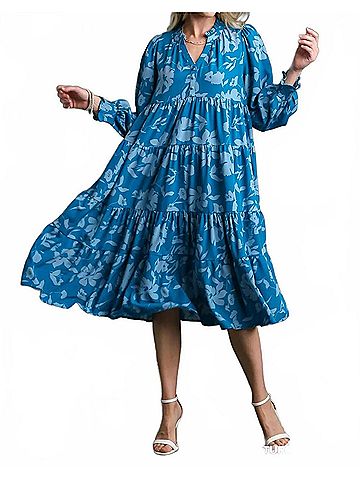 Umgee Tiered Floral Print Dress in Turquoise (view 2)