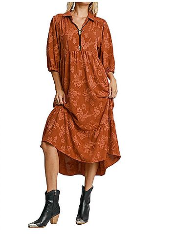 Umgee Floral Burnout Textured Midi Dress in Rust (view 2)