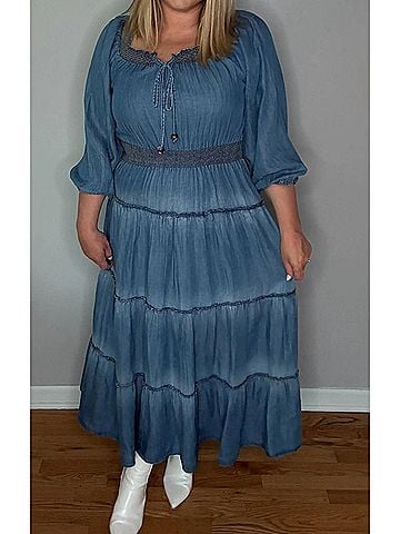 Easel Denim Elastic Waist Dress in Blue (view 2)