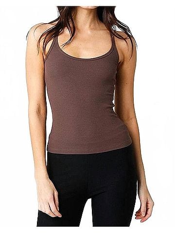 Olivaceous Fitted Ribbed Spaghetti Strap Tank Top in Brown (view 2)
