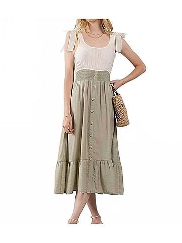 Blu Pepper Mixed Media Button Down Midi Dress in Light Olive (view 2)
