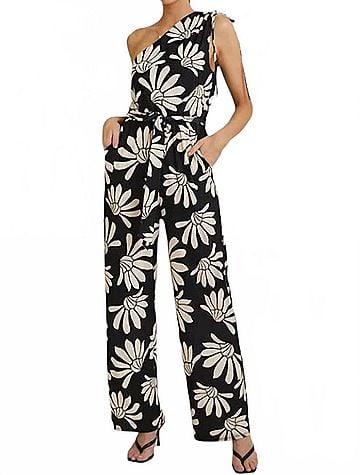 Gilli Floral One Shoulder Tie Strap Wide Leg Jumpsuit in Black Ivory (view 2)