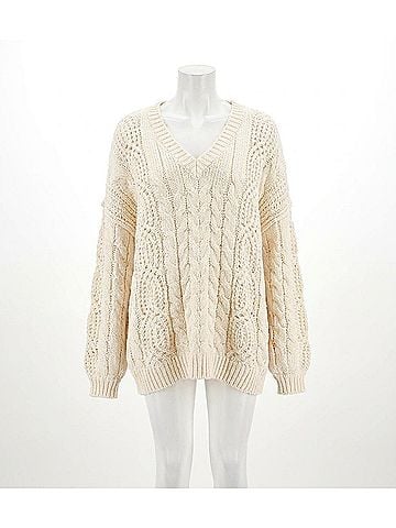 Pol V-Neck Semi Cropped Top Chenille Sweater in Cream (view 1)