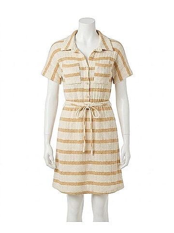 Gilli Collared Tie Waist Mini Dress in Cream/Beige Stripe (view 1)