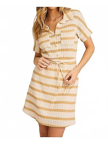 Gilli Collared Tie Waist Mini Dress in Cream/Beige Stripe (view 2)