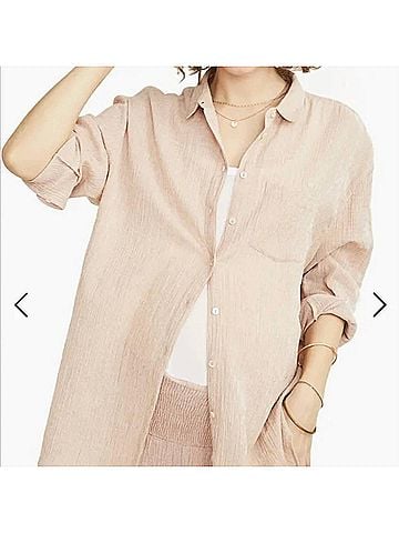 Hatch Boyfriend Petal Gingham Cotton Shirt in Beige (view 2)
