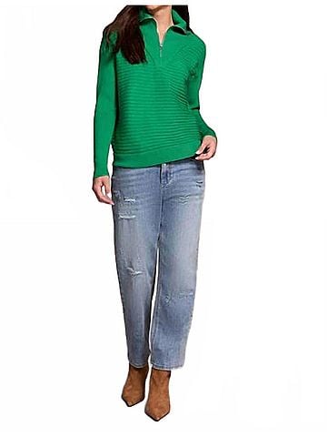 Tribal Starling Soft Zip-Up V-Neck Sweater in Field Green (view 2)