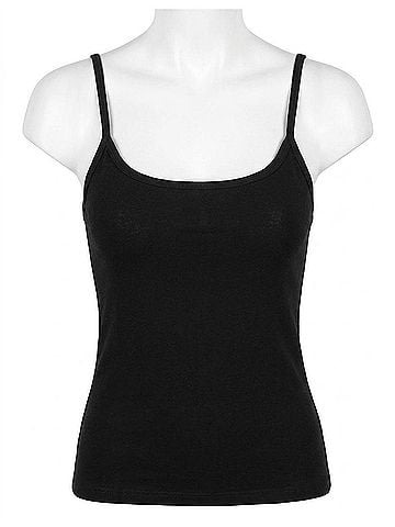 Olivaceous Fitted Ribbed Spaghetti Strap Tank Top in Black (view 1)