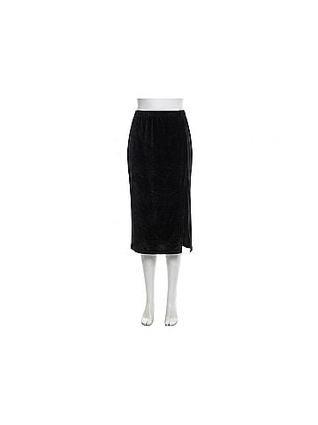 Bobi Midi Shirred Velvet Skirt W/ Slit in Black (view 1)