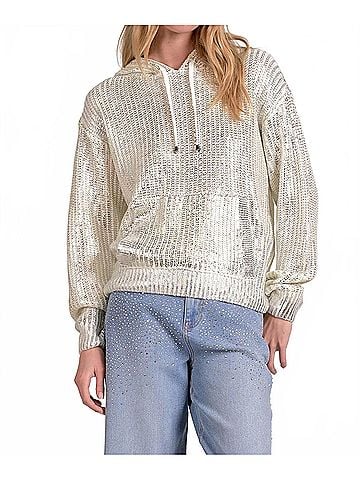 Elan Farrah Metallic Hoodie Sweater in White (view 2)