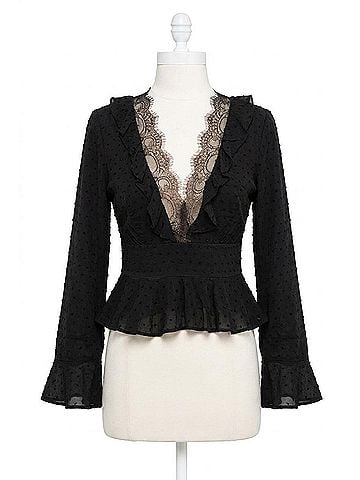 Blue Life Prince V-Neck Long Sleeve Top in Black Lace (view 1)