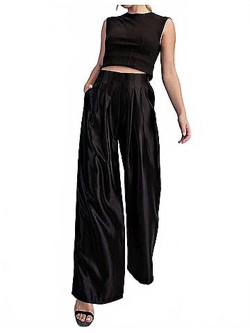 Glam Wide Leg Tie High-Waisted Pant in Black (view 2)