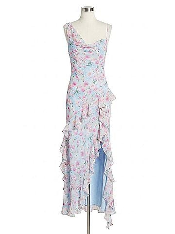 Astr Levina Asymmetric Floral Ruffle Dress in Blue Floral (view 1)