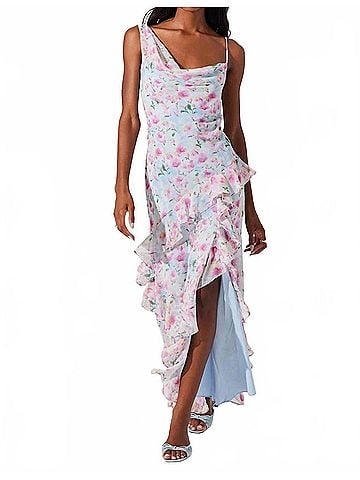 Astr Levina Asymmetric Floral Ruffle Dress in Blue Floral (view 2)