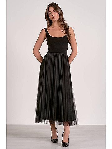Elan Tulle Skirt Midi Dress in Black (view 2)