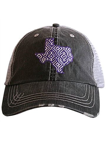 Katydid Collection Women's Ikat Texas Embroidered Distressed Trucker Hat in Purple &amp; White (view 1)