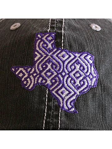 Katydid Collection Women's Ikat Texas Embroidered Distressed Trucker Hat in Purple &amp; White (view 2)
