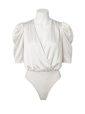 Adelyn Rae Lila Wrap-Effect Sateen Bodysuit in White (view 1)
